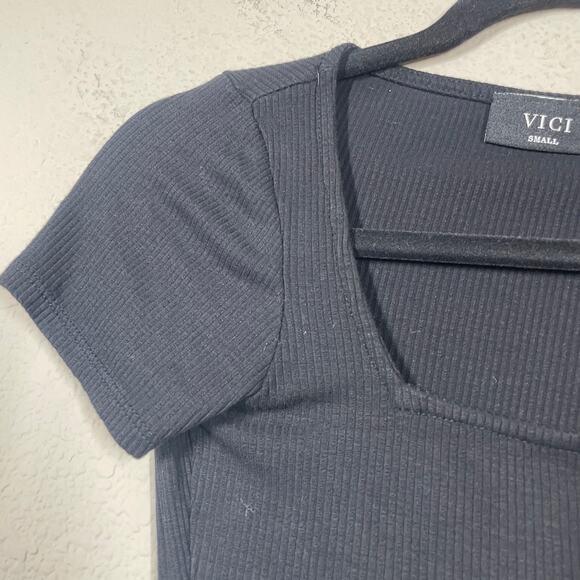 Vici Womens Size Small Square Neck Rib Playsuit Bodysuit Black Short Sleeves - Picture 3 of 8